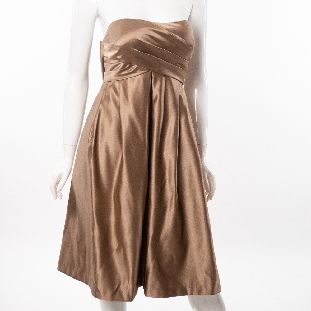 Bill Levkoff Plus Size Taupe Strapless Satin Flare Bow‎ Dress
